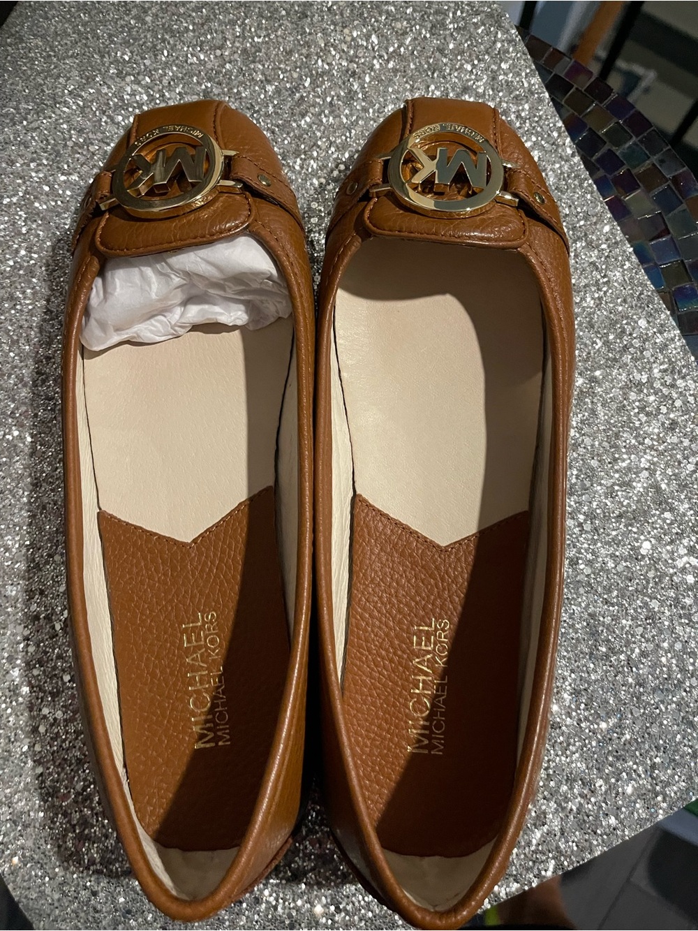 Michael Kors Cognac Leather Ballet Flats with Gold MK Medallion